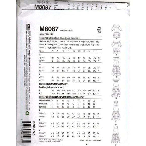 McCall's M8087 Misses 6 to 14 Tiered Halter Dress Uncut Sewing Pattern New - Picture 2 of 2